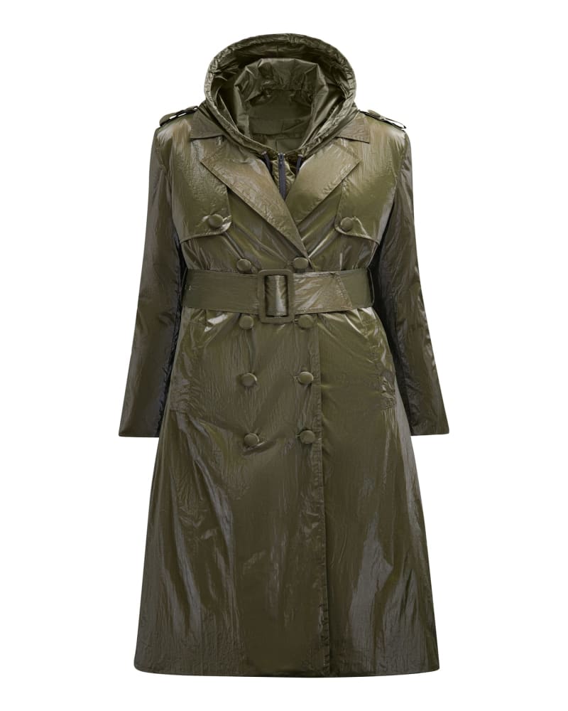 Front of a size 4X The Drew Metallic Trench Coat in Green by Hilary MacMillan. | dia_product_style_image_id:330512